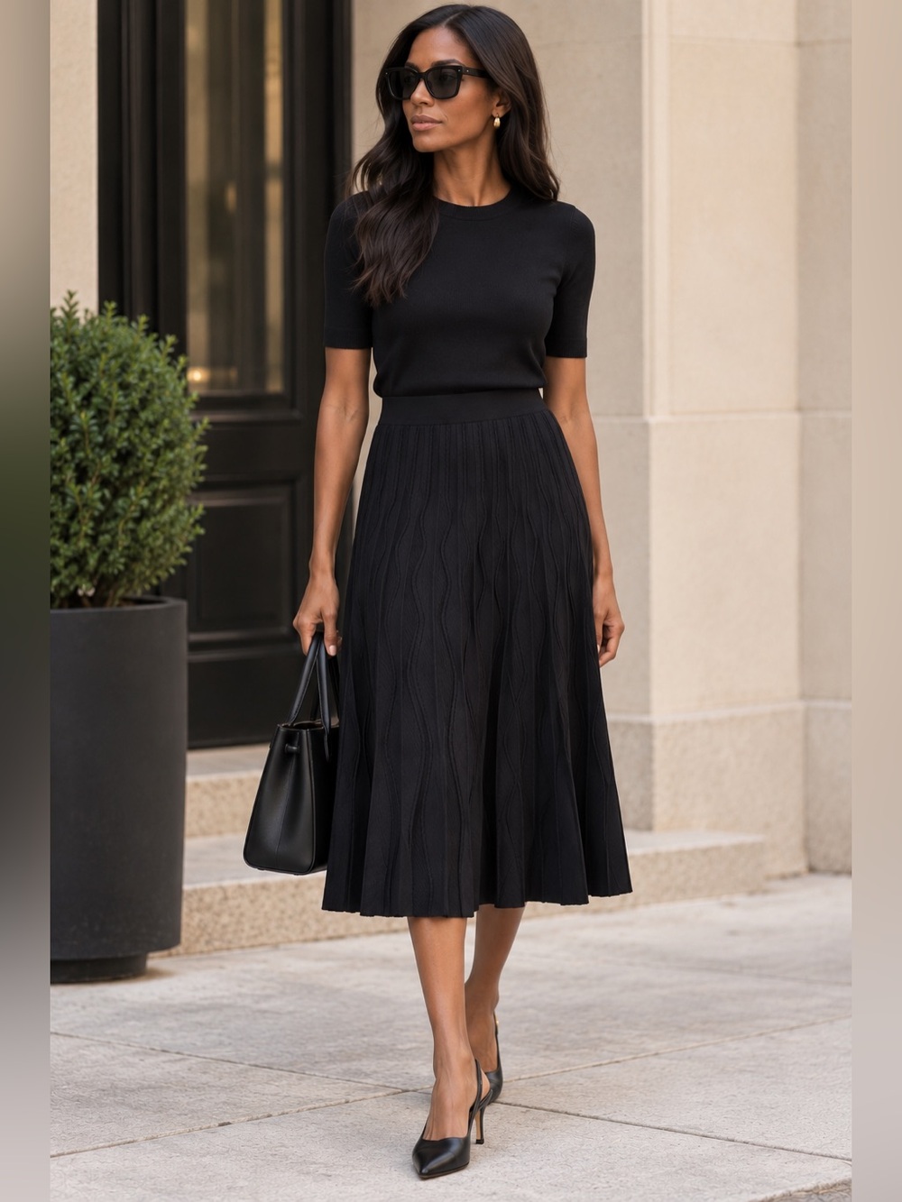 Sandro Paris Black Cable Knit Pleated Midi Skirt Size 3 Stretch A-Line - US 8